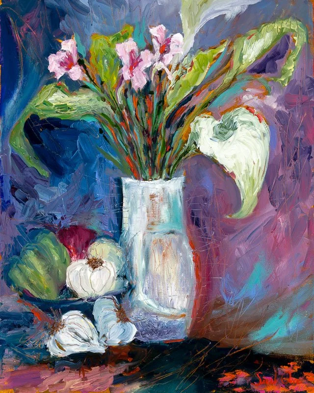 A colorful still life painting of a bouquet of pink flowers in a white ceramic vase, with garlic and a green vegetable on a dark surface, against a vibrant purple and blue background.