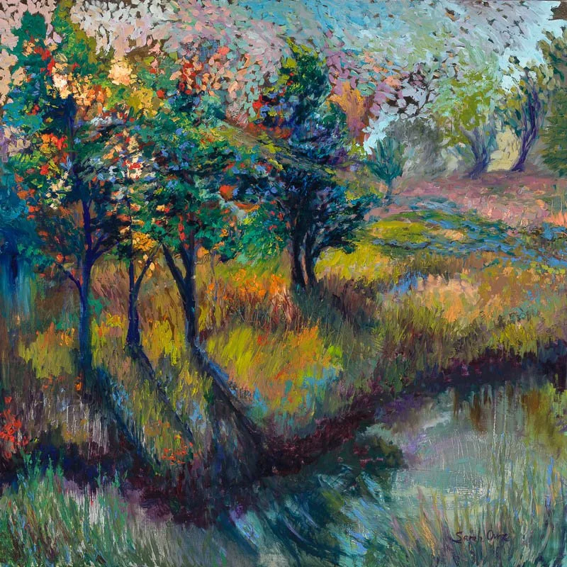 A colorful impressionist painting of a landscape with trees by a small body of water, featuring vibrant foliage and reflections.