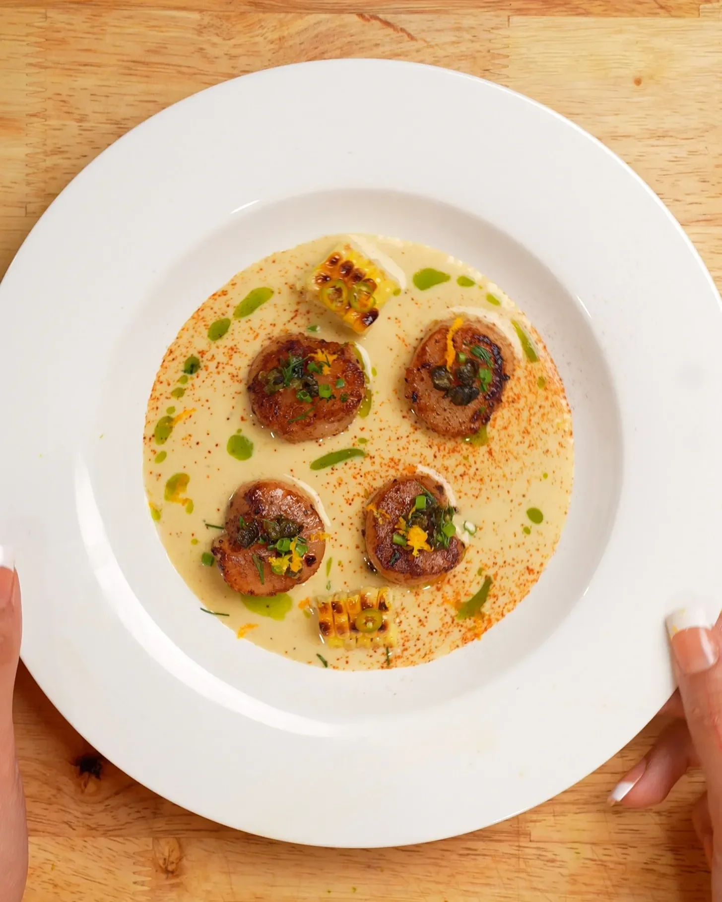 Brown Buttered Scallops w. Roasted Corn Coulis