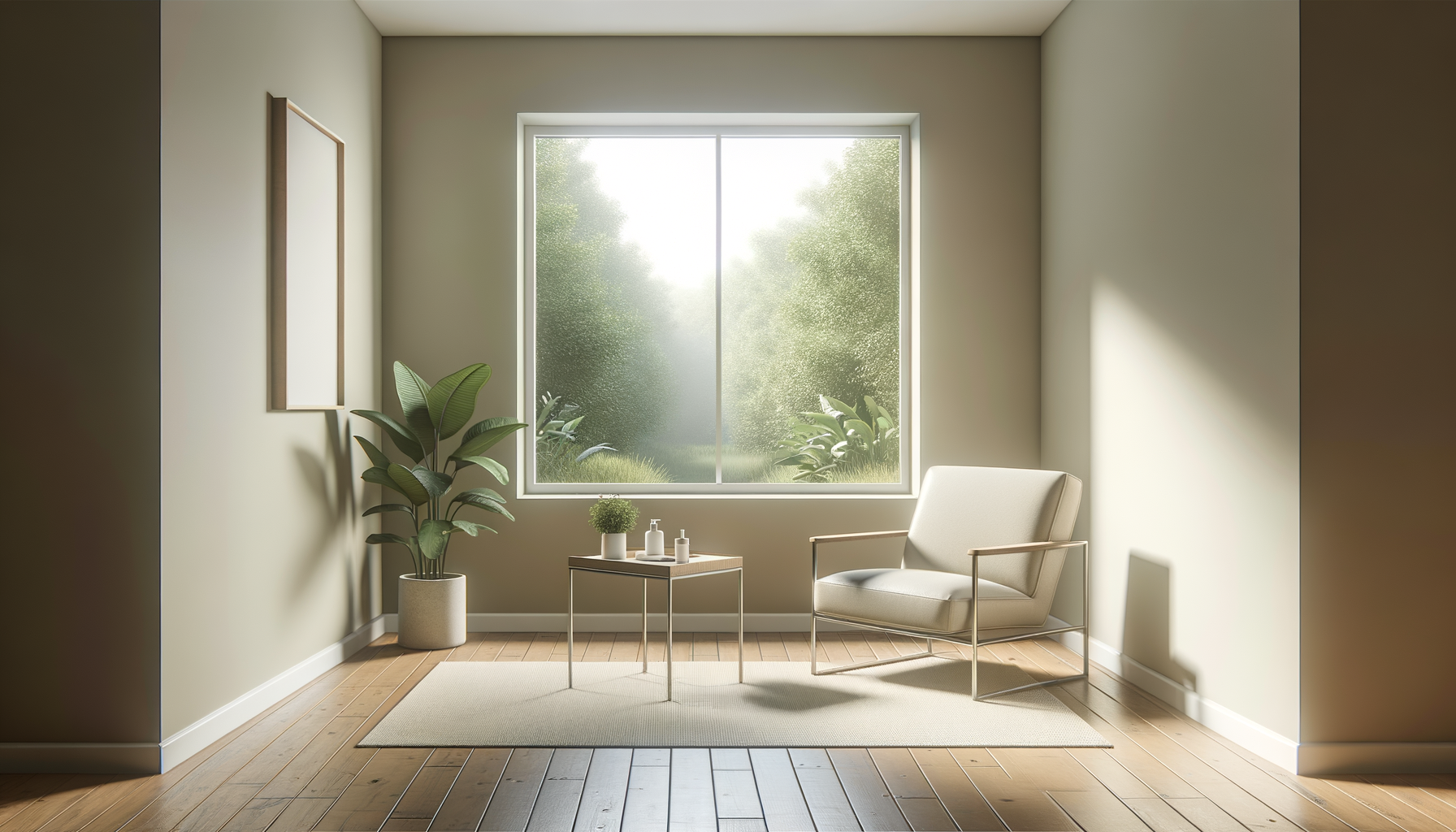 A bright, minimalist living room with a large window showing green outdoors, a white armchair, a small side table with plants and bottles, a potted plant, and an empty wall frame on the left.