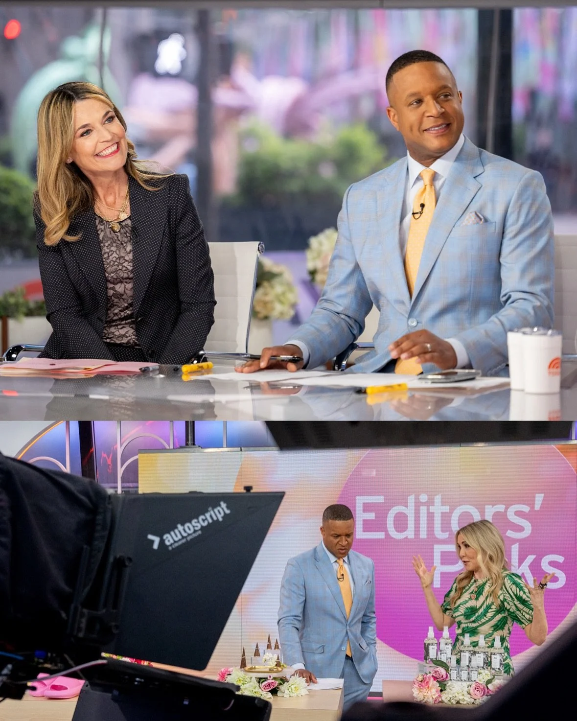 Two pairs of TV hosts on a talk show set. The top image shows a smiling woman with blonde hair in a black blazer and a man in a light blue suit with a yellow tie. The bottom image shows the same man with a woman in a green patterned dress, gesturing 