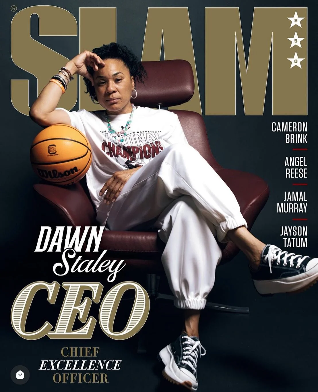 A woman sitting in a maroon chair holding a basketball with the text 'Dawn Staley C CEO' and a list of names on the right side of the image. The woman is wearing a white athletic outfit and black sneakers, with a serious expression.