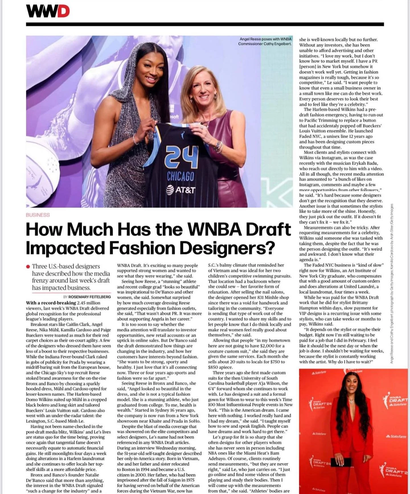 Two women, one in a purple dress and the other in a black dress, holding a basketball jersey with the number 24 at an event.