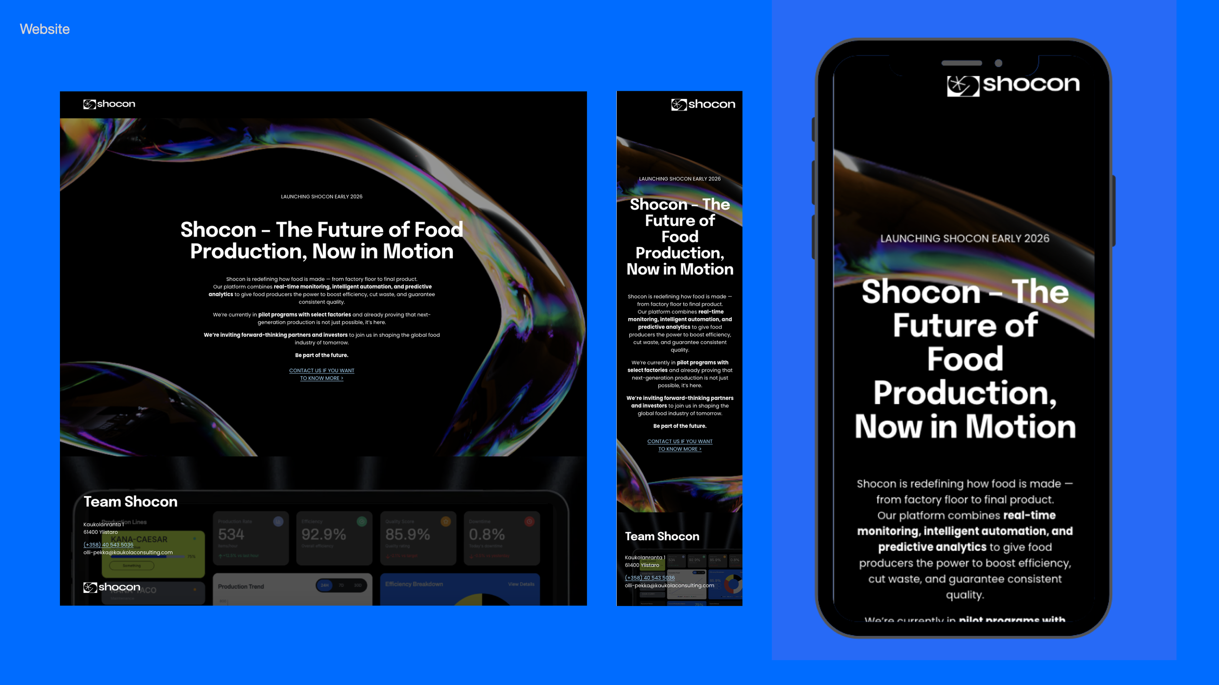 A digital image displaying a promotional website for Shocon, featuring a black background with colorful, abstract, swirling patterns. The text announces the launch of Shocon in early 2026 and describes it as a future of food production involving real-time monitoring, automation, and analytics. The website is shown on a computer screen and a smartphone, with contact information for a team named Team Shocon.