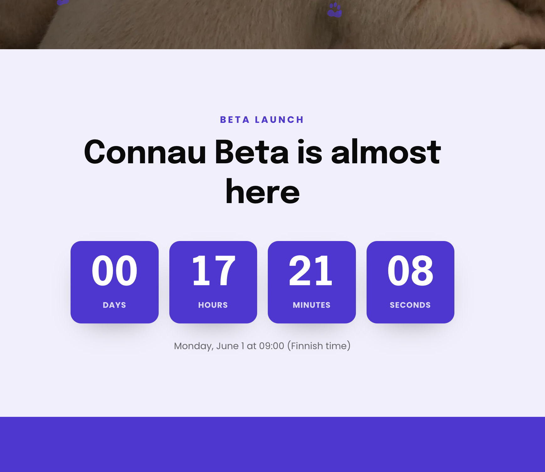 Screenshot of a countdown timer for the launch of Connau Beta, showing 00 days, 17 hours, 21 minutes, and 08 seconds remaining. The background is white with purple accents, and the text indicates the event is scheduled for Monday, June 1 at 09:00 Finnish time.