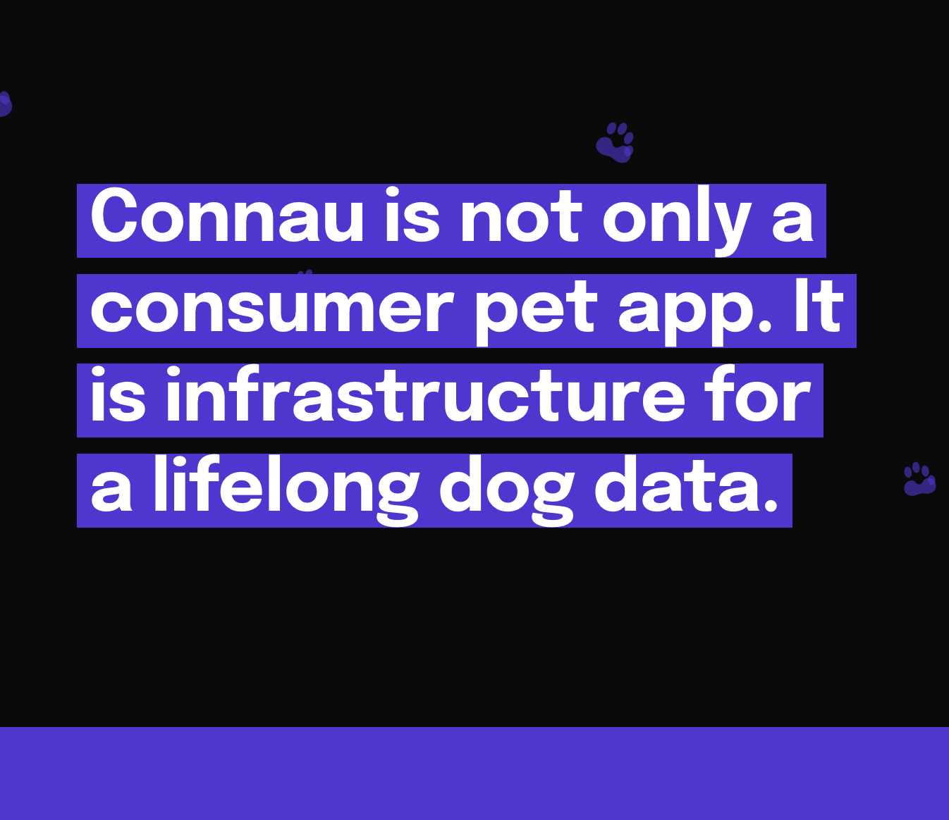 Text on a black background reading 'Connau is not only a consumer pet app. It is infrastructure for a lifelong dog data,' with small paw print icons.