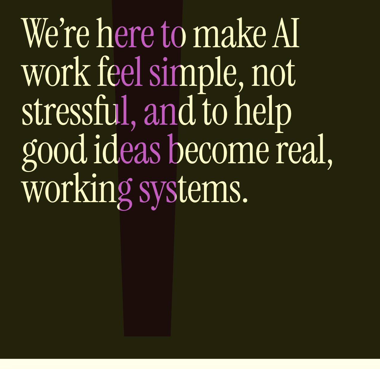 Quote about making AI work simple and effective, with highlighted words in purple.