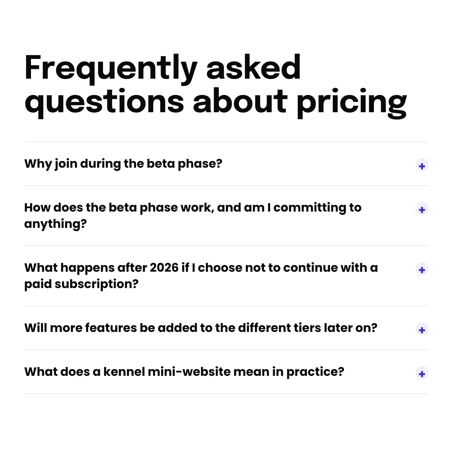 Screenshot of a webpage with the title 'Frequently asked questions about pricing' and a list of questions related to joining during the beta phase, how the beta works, and subscription details.