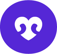 White heart-shaped icon on a purple circular background