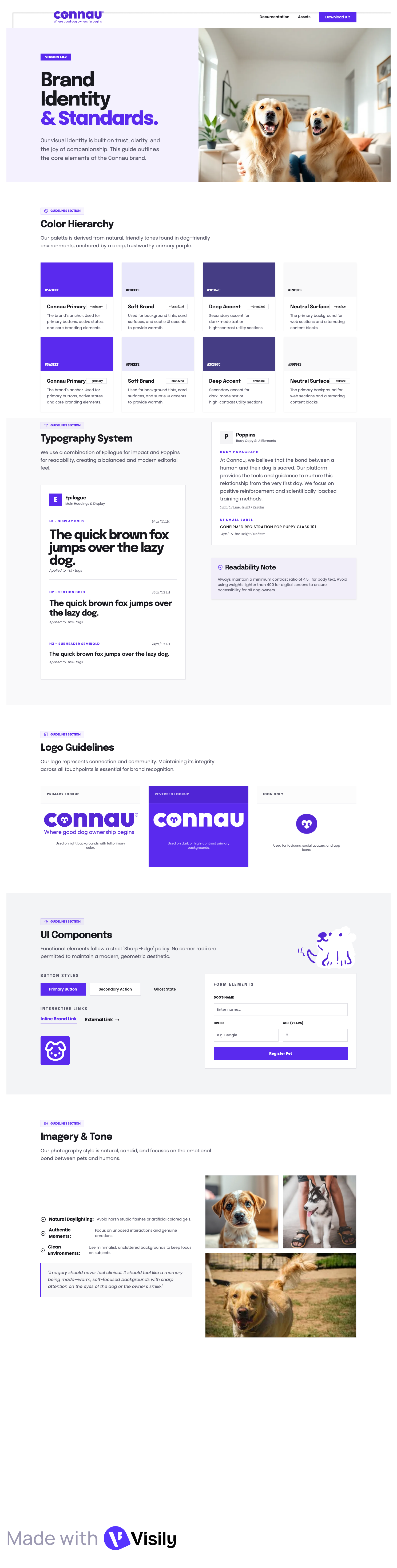 The image shows a detailed webpage of a brand identity guide for Connau, with sections on color hierarchy, typography system, logo guidelines, UI components, and imagery and tone. At the top, there is a header with navigation links and a purple download button. The main content features a large photograph of two happy golden retriever dogs sitting on a couch in a bright living room, along with various sections of branding guidelines and design elements.