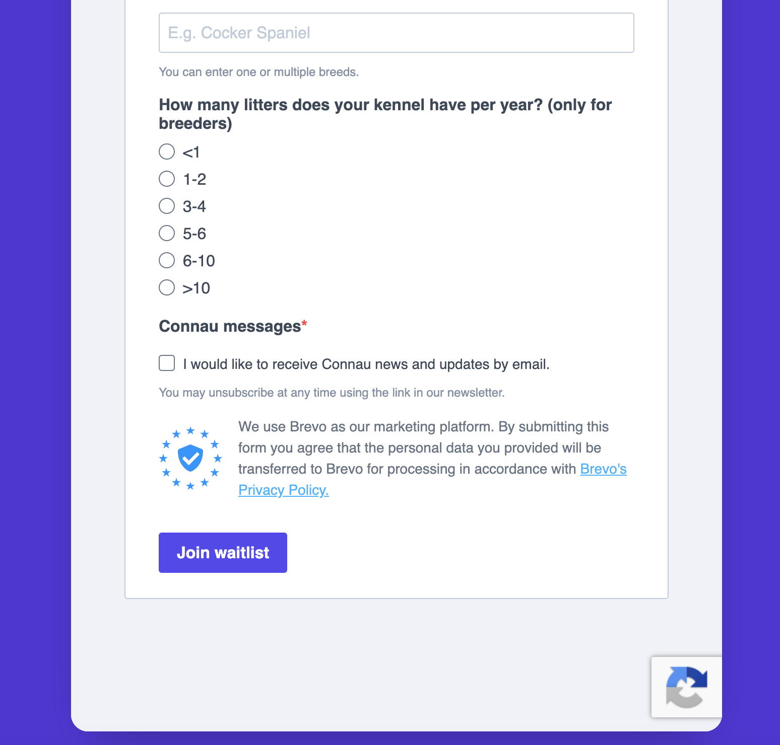 Screen showing a form with options to select the number of litters per year for a dog kennel, including a checkbox to receive email updates, a blue button labeled "Join waitlist," and a paragraph about data privacy and cookie use.