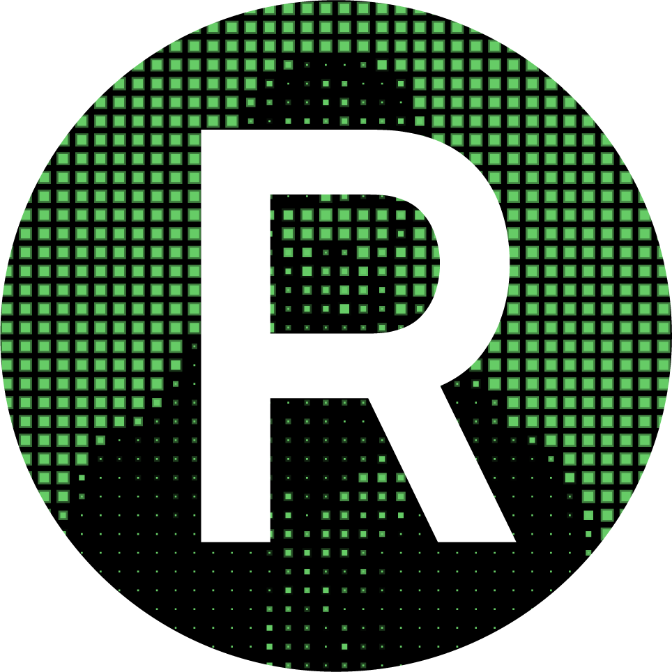 Digital logo with a large white letter R on a black and green pixelated circular background.