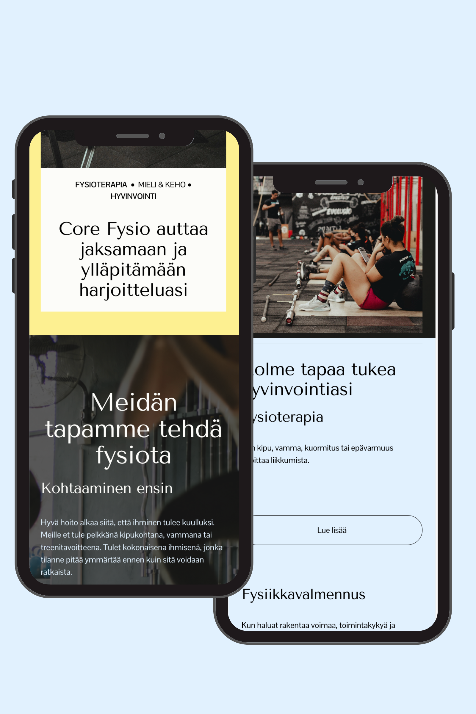 The image shows two smartphones displaying Finnish physiotherapy and fitness website pages. The first phone features a page about physiotherapy focusing on muscle and joint health, while the second phone displays a gym scene with people exercising an