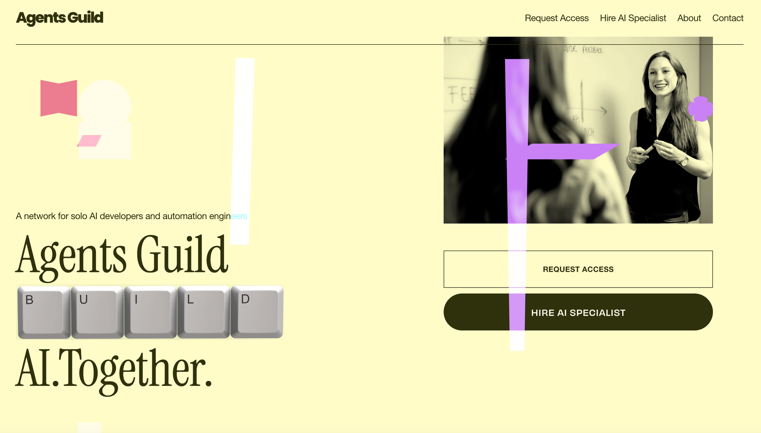 A screenshot of the Agents Guild website with a pastel yellow background, showing a navigation menu, a woman smiling and standing in front of a whiteboard, and some purple and pink graphic elements overlaying the image.