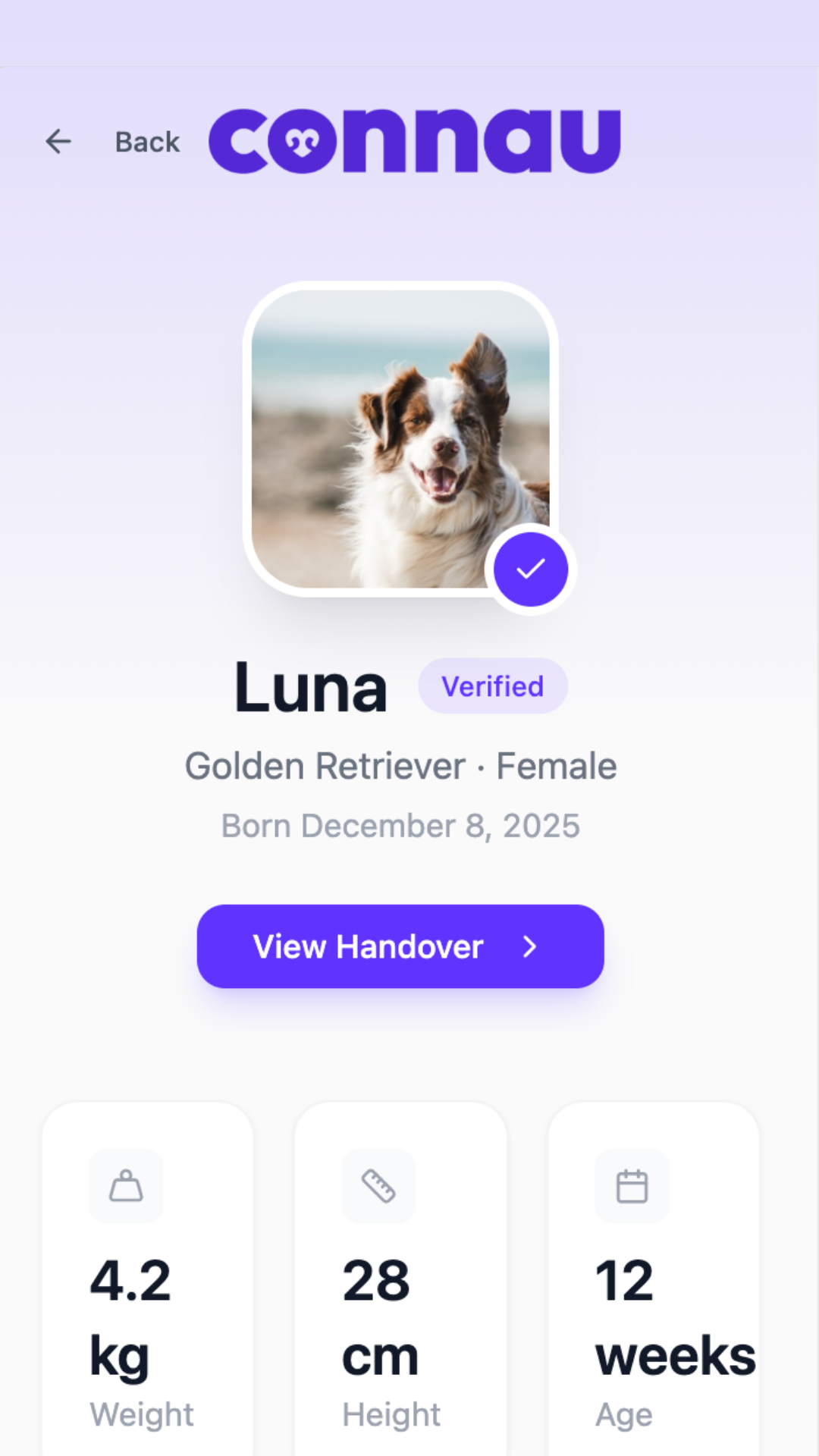 Mobile app screen showing a new dog profile named Luna, a golden retriever female born December 8, 2025, with a photo of a dog on a beach, verified badge, and details including weight, height, and age.