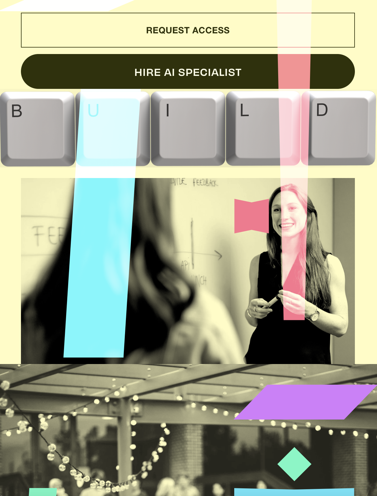 Overlay of a business presentation with a woman smiling and holding a tablet, text on the image includes 'REQUEST ACCESS' and 'HIRE AI SPECIALIST', with large colorful arrows and blocks, and cityscape with string lights at dusk in the background.