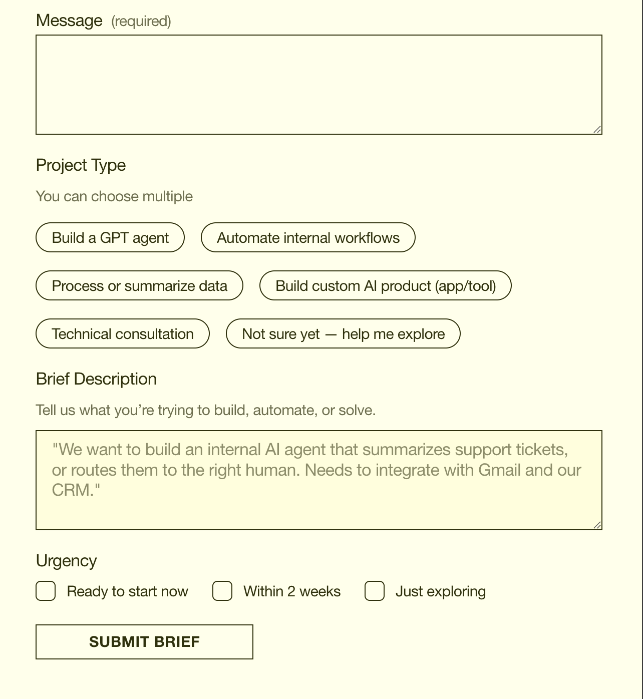 Online form for project ideas with message box, project type options, brief description, urgency levels, and a submit button.