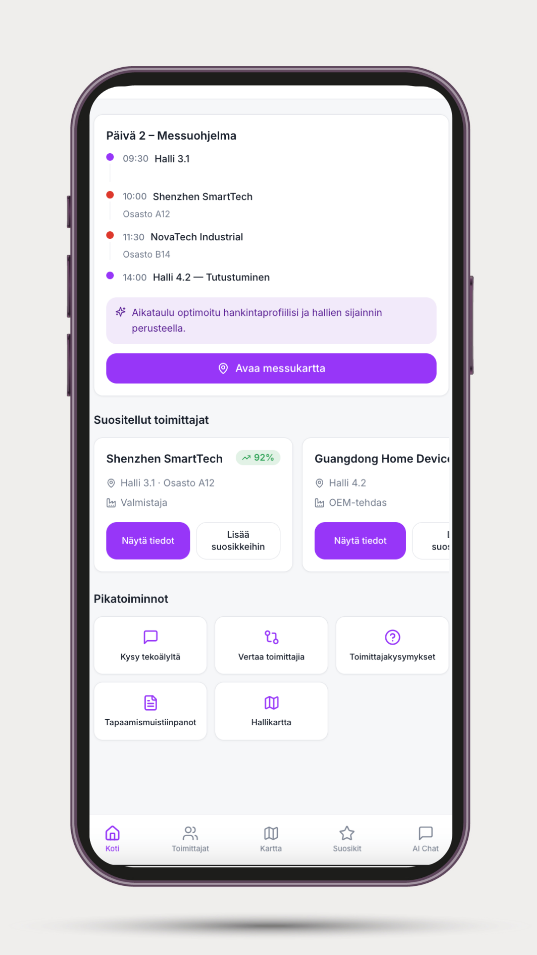 Mobile app interface displaying a day schedule, recommended suppliers, and quick actions with purple buttons, in Finnish language.