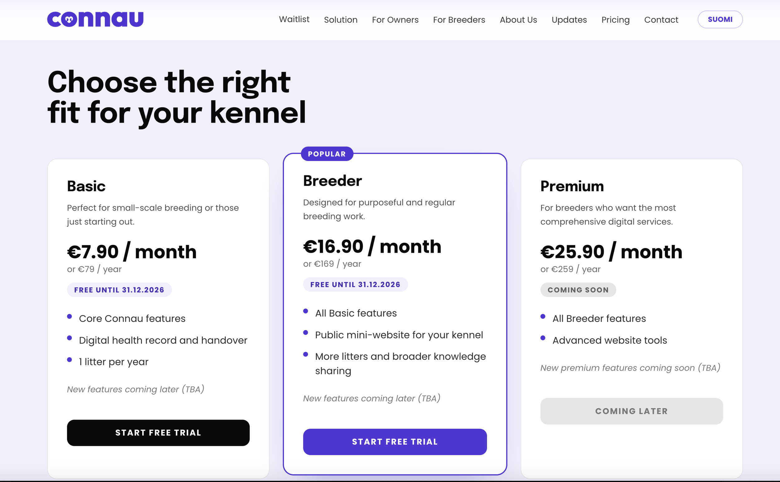 Screenshot of a website page for Connau, showing dog breeding plan options: Basic, Breeder, and Premium, with prices and features listed.
