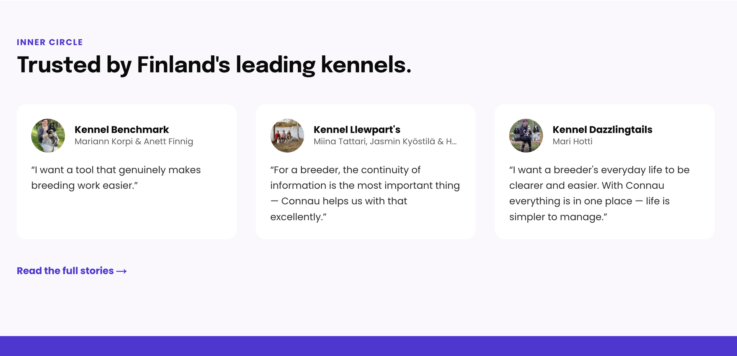 Webpage with testimonials from Finnish dog kennels, featuring profile pictures and quotes about dog breeding and kennel management.