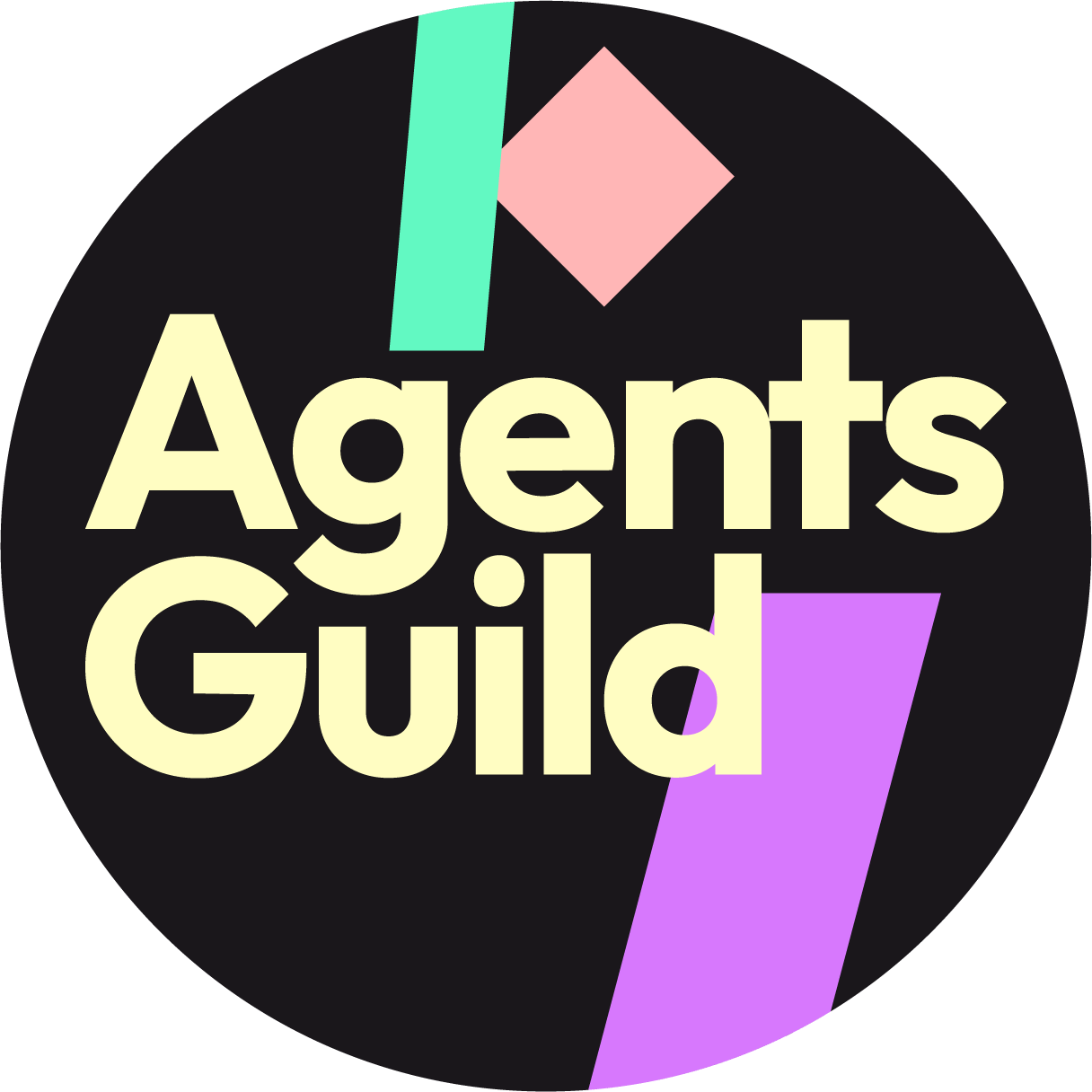 Logo of the Agents Guild, featuring the words 'Agents Guild' in large cream-colored letters on a black circular background, with geometric shapes in pastel mint green, pink, and purple surrounding the text.