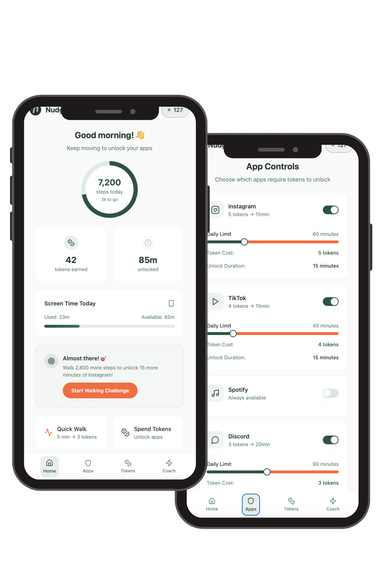 Two smartphones displaying a health and app management app interface. The interface shows daily step count, tokens earned, app controls for Instagram, TikTok, Spotify, Discord, and other features, with navigation icons at the bottom.