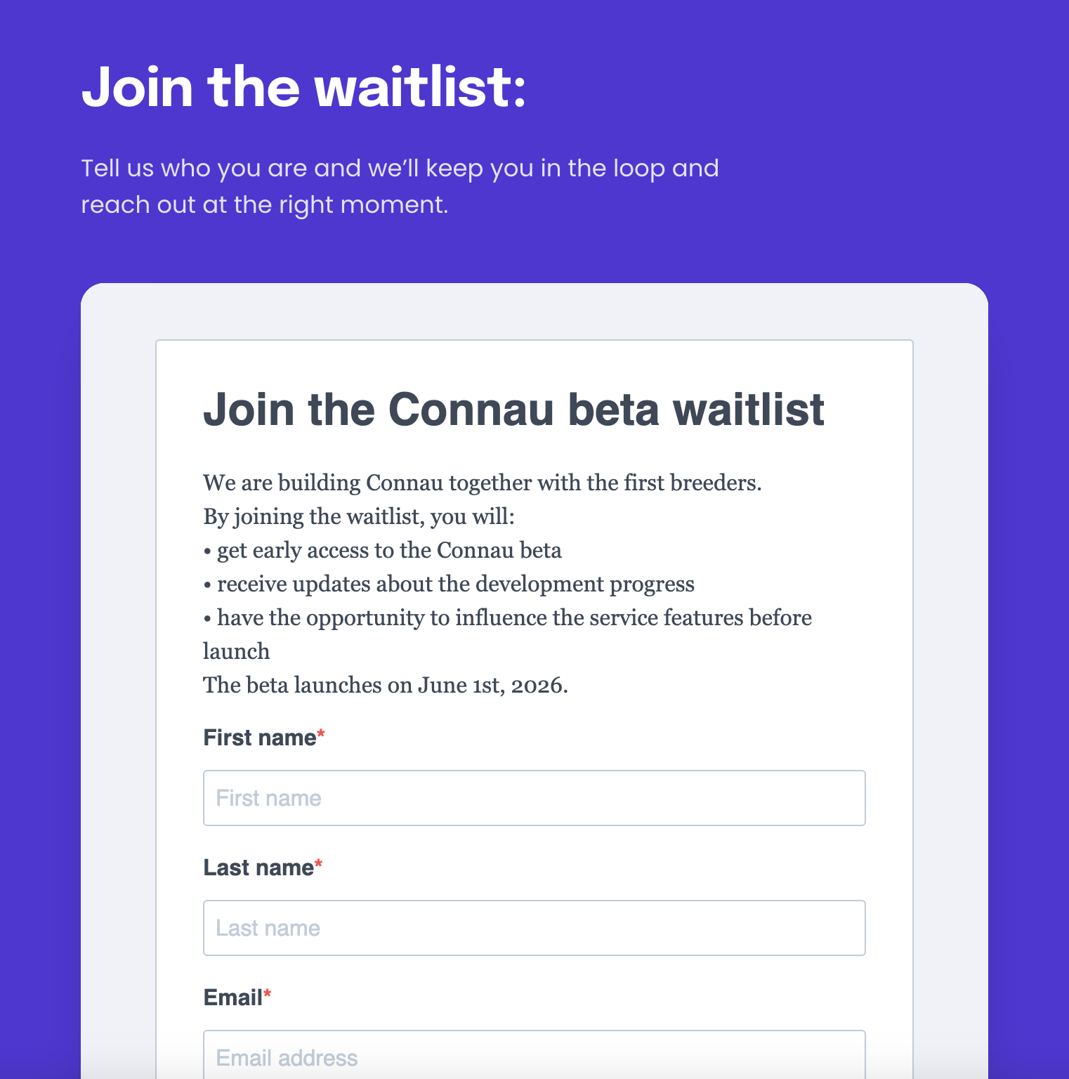 A webpage with a purple gradient background promoting a waitlist for a service called Connau beta, detailing benefits of joining, with a registration form including fields for first name, last name, and email.