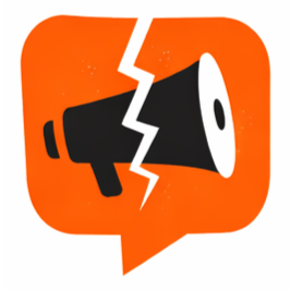 A megaphone icon with a crack, set against an orange background.