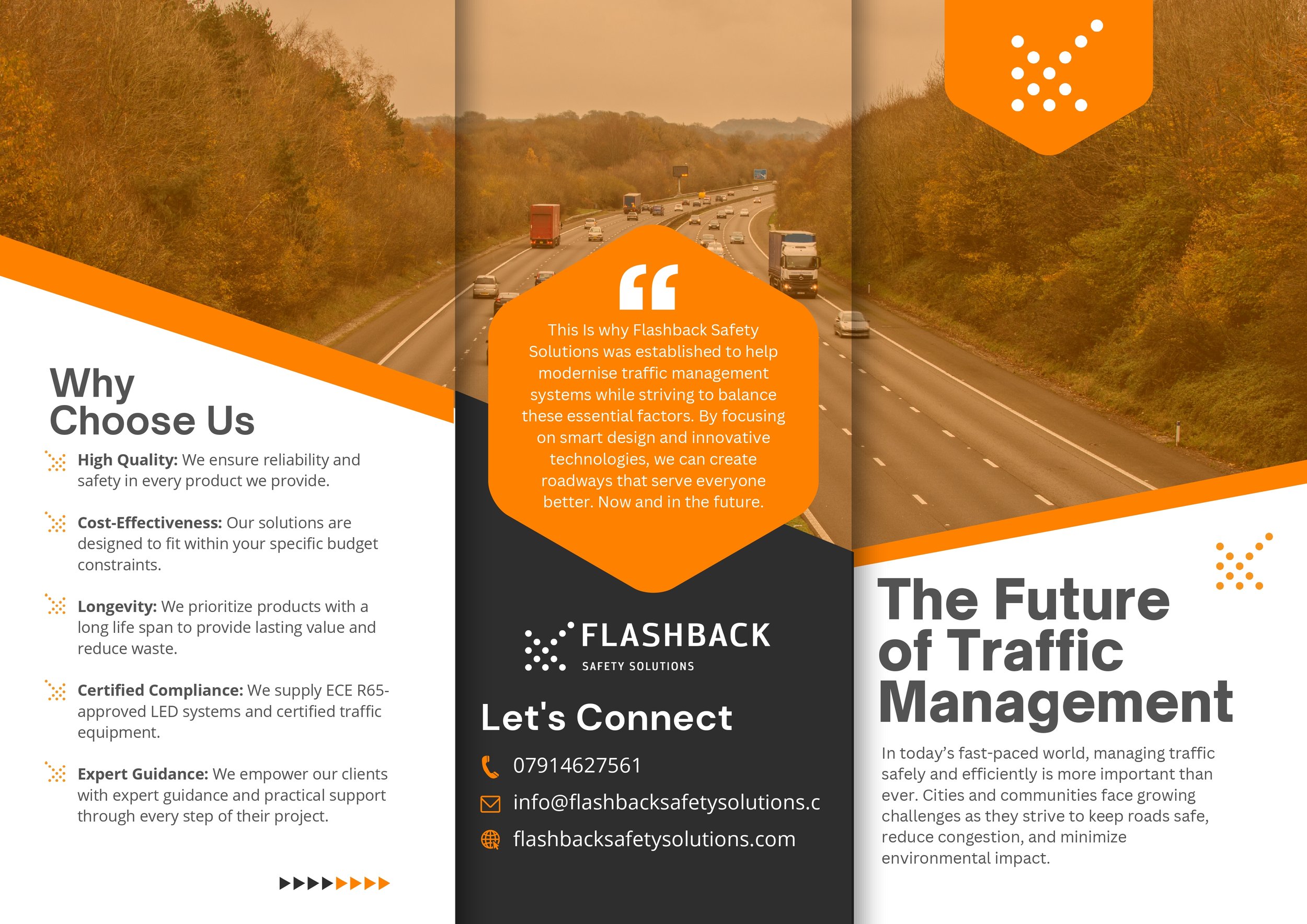 Tri-fold brochure for Flashback Safety Solutions with information on traffic management, company benefits, and contact details, featuring a photo of a highway with cars and trucks, and orange accents.
