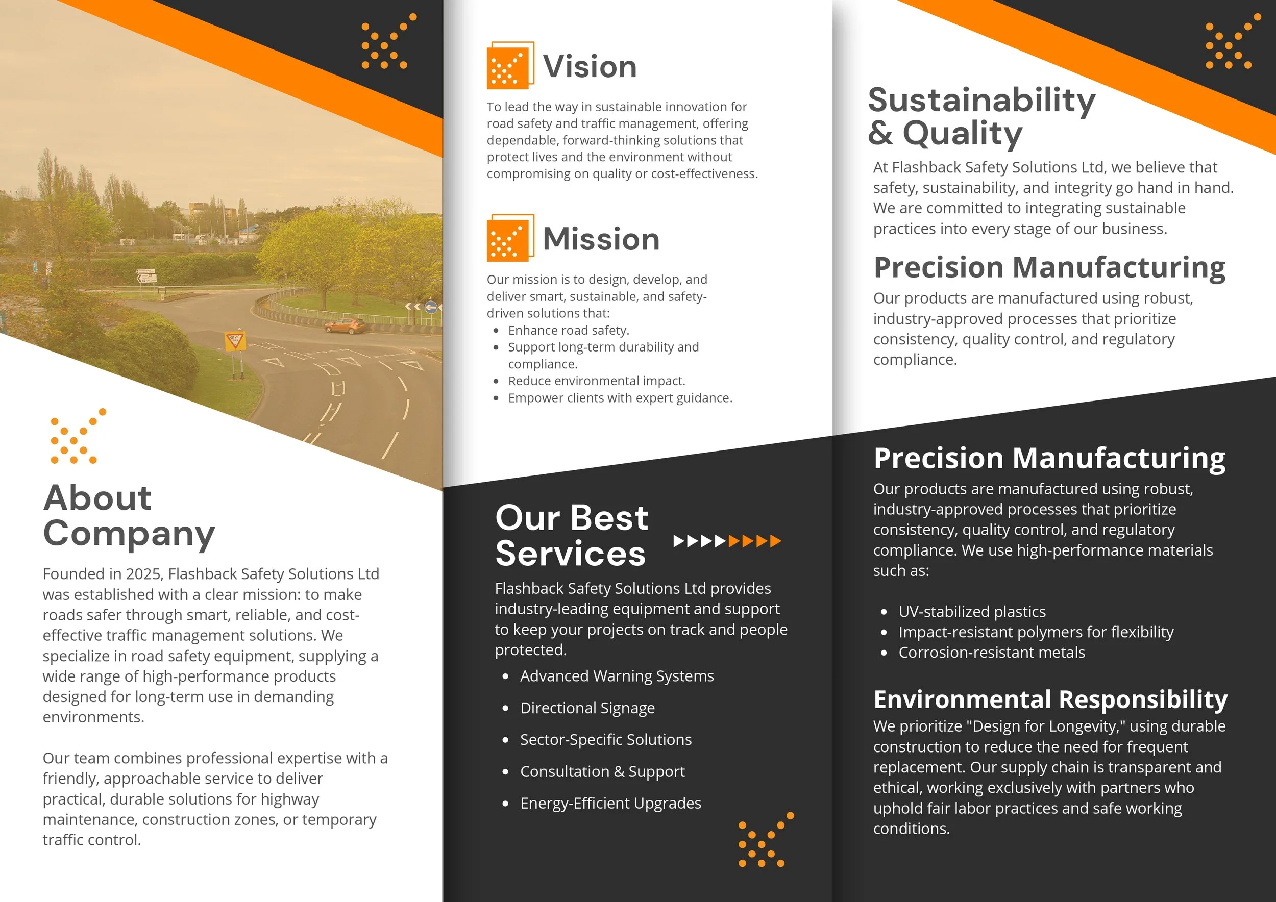 Brochure or informational flyer for Flashback Safety Solutions Ltd, describing the company's vision, mission, services, and commitments to sustainability, quality, and environmental responsibility, with a background of a road safety sign and road setup.