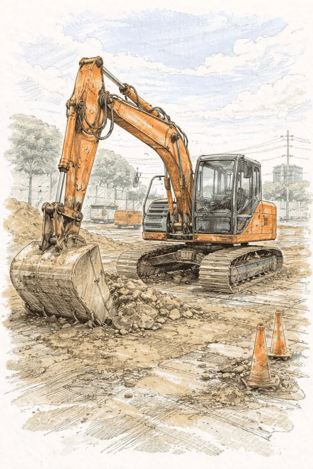 株式会社足軽の建設現場にある橙色のショベルカーが土を掘っている。背景に木々や電柱、建物が見える。現場にはコーンが置かれている地面は掘り起こされている。