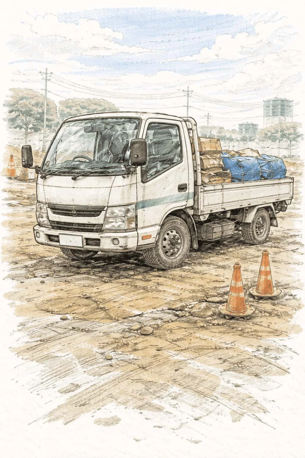 株式会社足軽の工事現場に停車している荷台に荷物を積んだ白い小型トラック。地面にはコーンが置かれ、背景には建物と電柱がある。