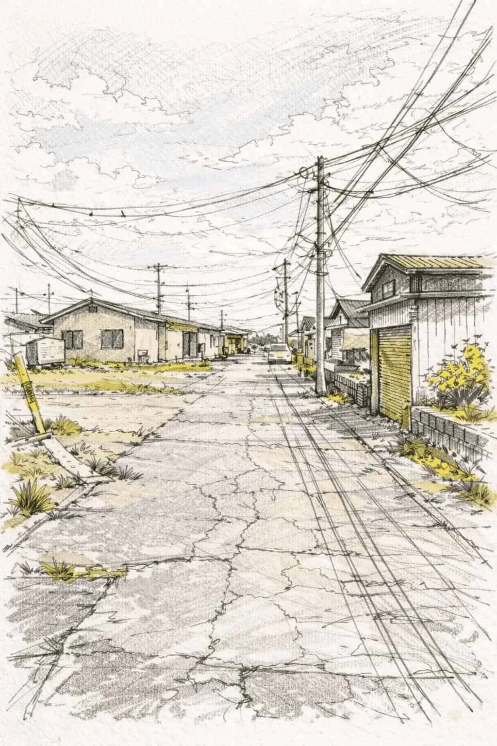 電線と古い住宅が並ぶ日本の田舎道の手描きのイラスト。舗装された道にひび割れがあり、空には雲が浮かんでいます。