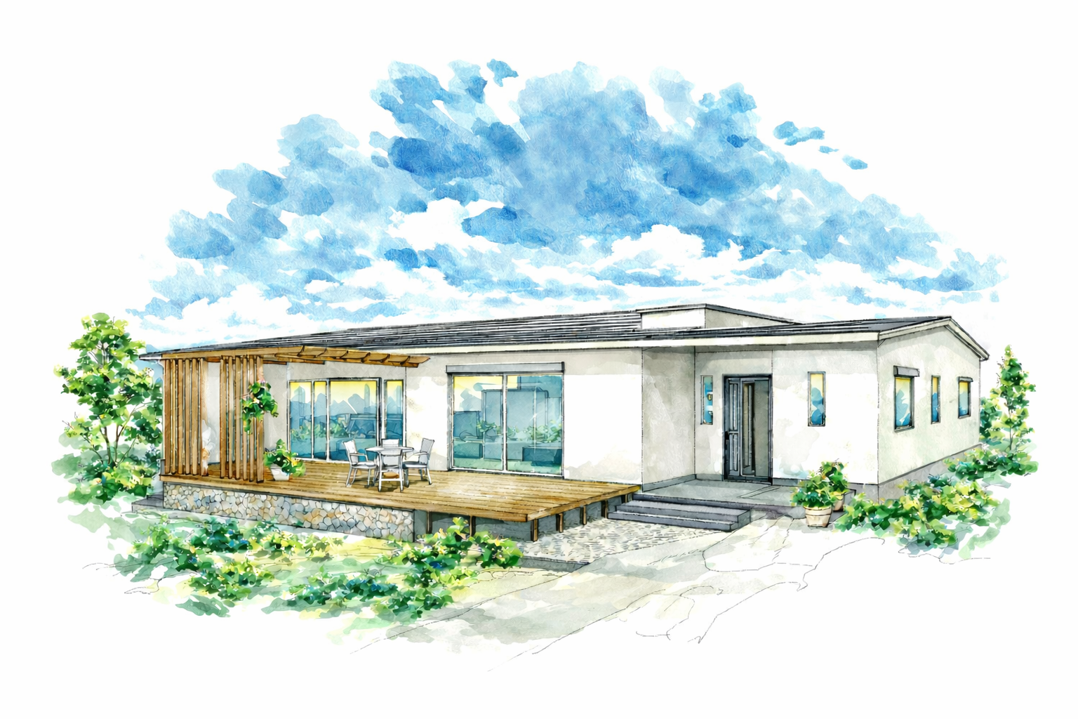 青空の下に建つシンプルな白い家のイラスト。木製のデッキとテーブルと椅子が配置され、庭には緑の植物と小さな木が描かれている。