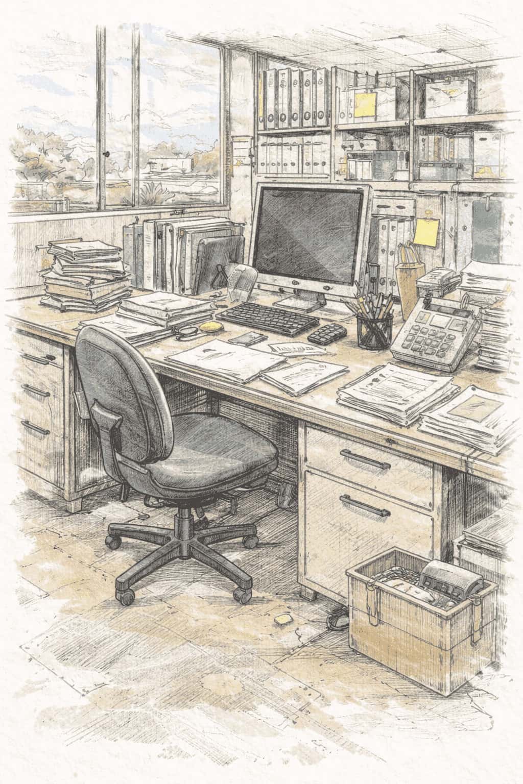 株式会社足軽の雑然としたオフィスデスクにコンピュータと書類、ファイル、文房具が置かれた事務室の風景。窓から自然の景色が見える。