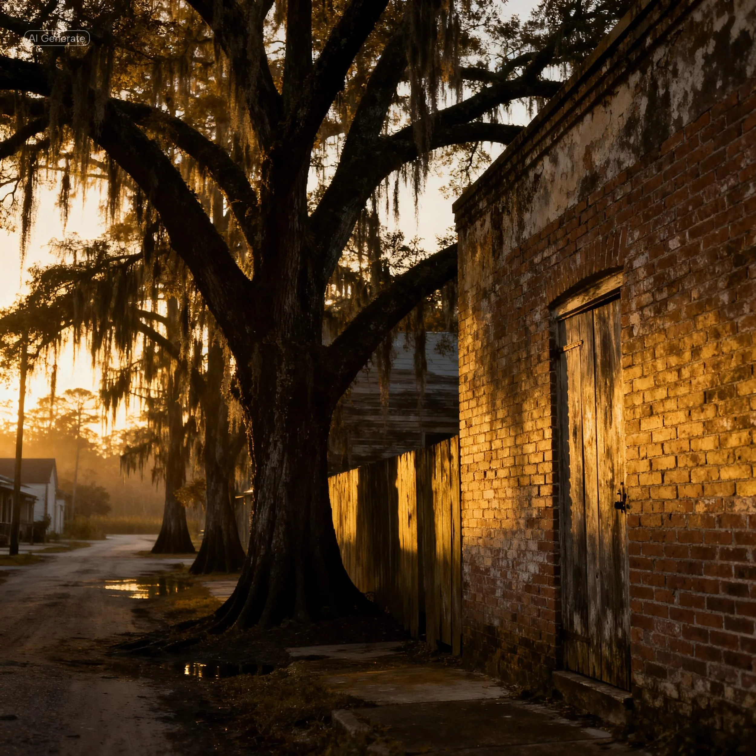 A large tree with Spanish moss hanging from its branches next to an old brick building with a weathered wooden door, during sunset in a quiet street.