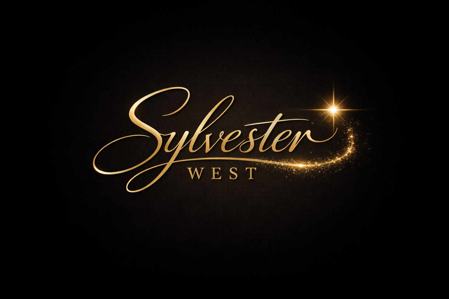 Gold cursive text saying 'Sylvester' with a star and sparkles, and smaller gold letters below spelling 'West' on a black background.