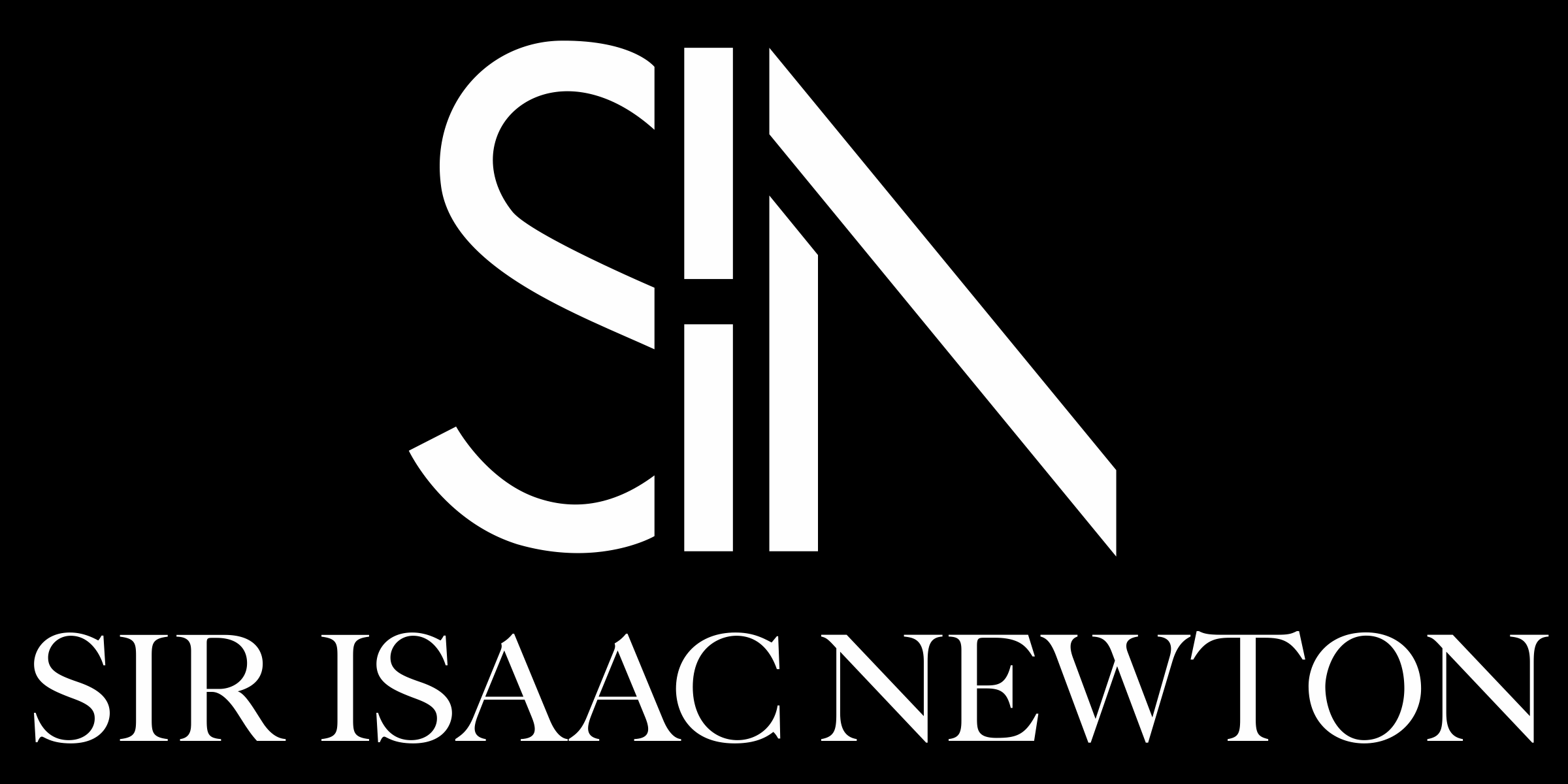 Black logo with white symbols and text, featuring a stylized dollar sign and lines intersecting it, with the text 'SIR ISAAC NEWTON' beneath the symbol.