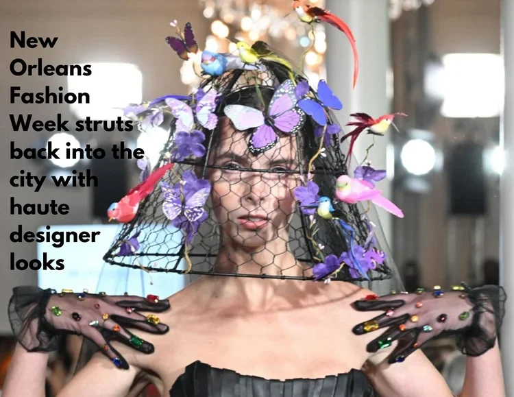 A woman wearing an avant-garde headpiece made of purple butterflies, colorful birds, and black netting, with her hands near her shoulders, in a fashion show setting.