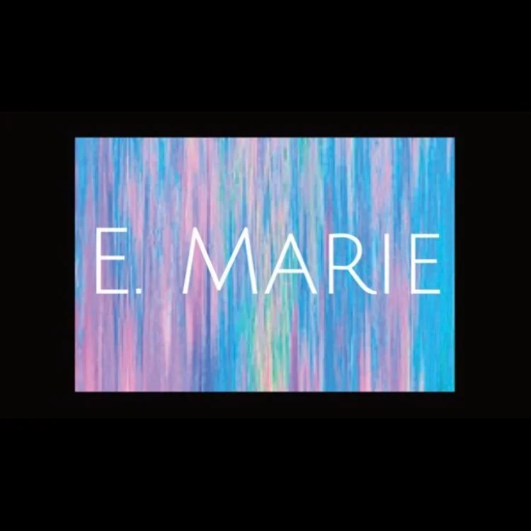 Colorful abstract background with the name E. Marie written in white uppercase letters.