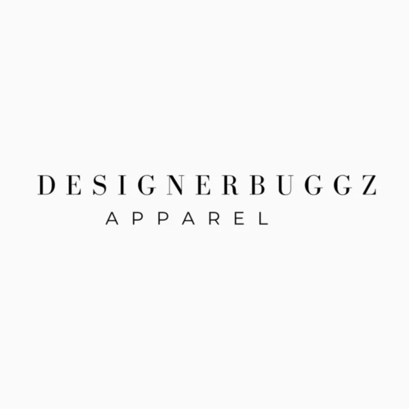 Text that reads "DESIGNERBUGGZ APPAREL" on a plain white background.