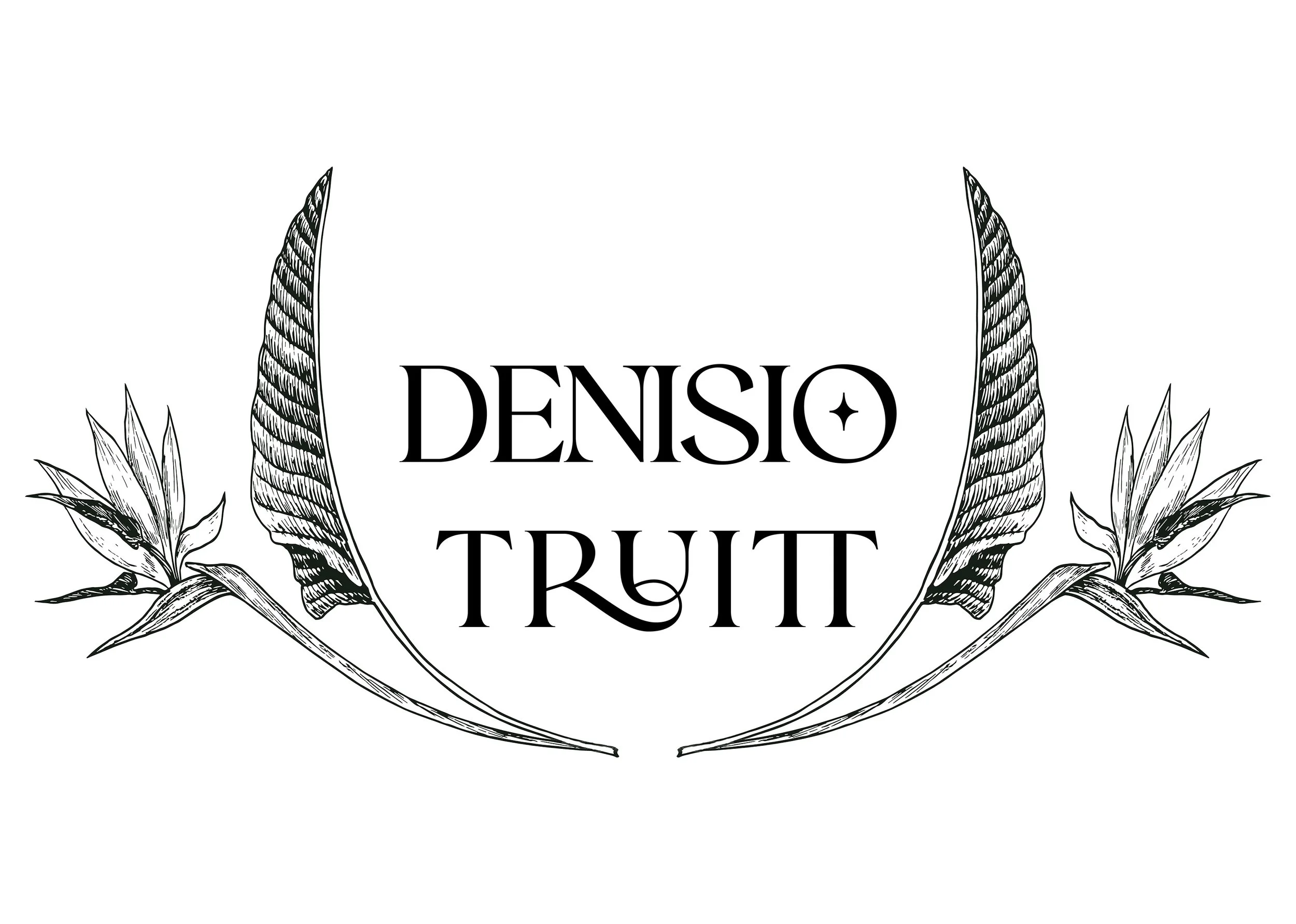 Black and white illustration with the words "DENSO FRUIT" surrounded by detailed botanical drawings of leaves and flowers.