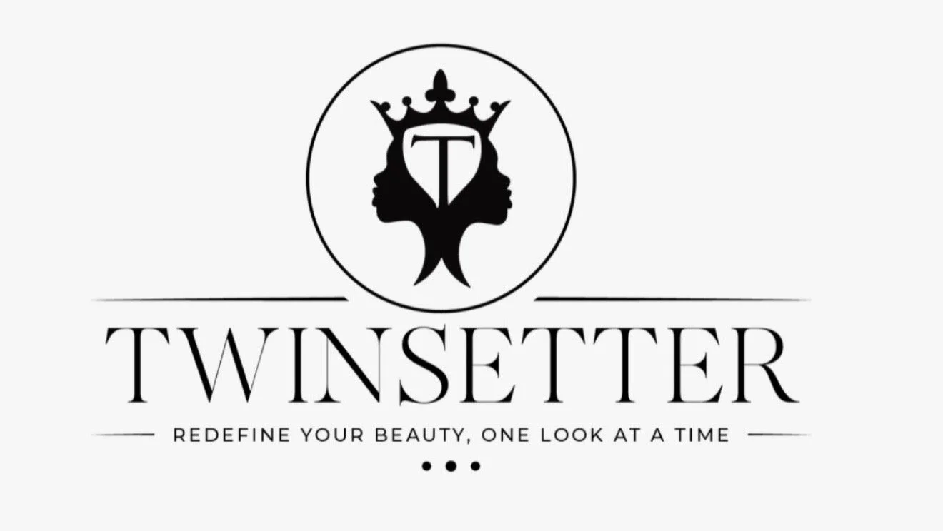 Twinsetter logo with a stylized face of twin women wearing a crown and a shield with a T in the center, and the tagline "Redefine Your Beauty, One Look at a Time".