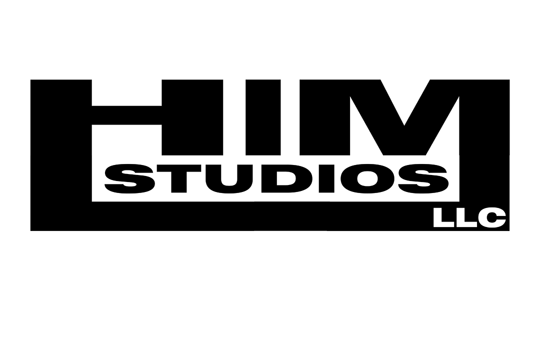 Black and white logo reading "HIM STUDIOS LLC" with the words stacked and a rectangular background.