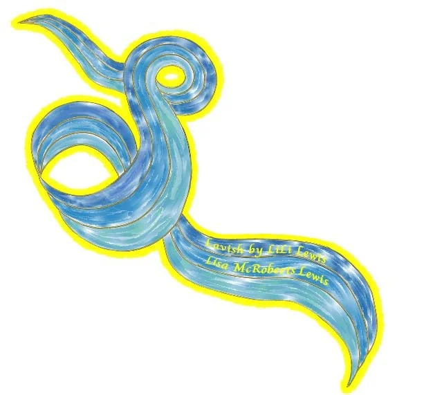 A colorful abstract illustration resembling a curled ribbon or scroll with wave patterns, written in yellow along its length.