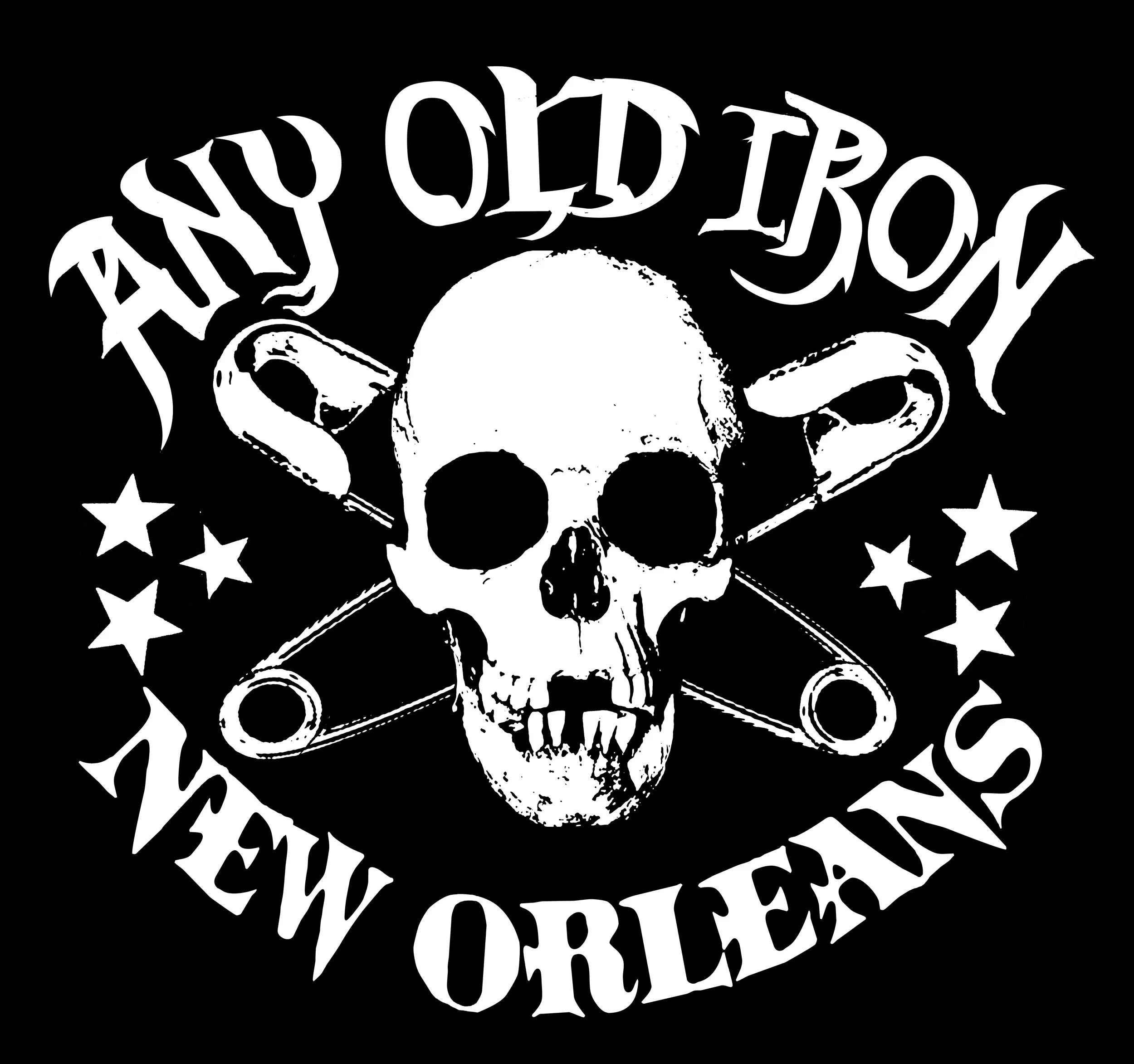 Black and white graphic featuring a human skull with a raised fist above it, surrounded by a circular band of text and stars.