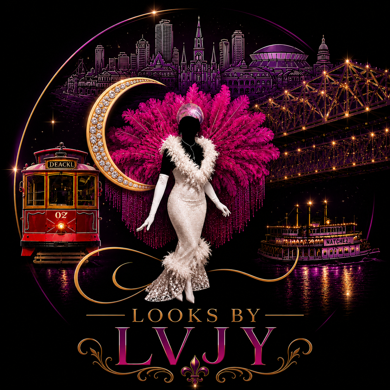 A digitally stylized image celebrating Mardi Gras in New Orleans with a black background, pink feathers, a sparkly crown, a vintage red streetcar, a floating steamboat, and a city skyline outline. The bottom features gold and purple text reading 'Looks by LVJY'.