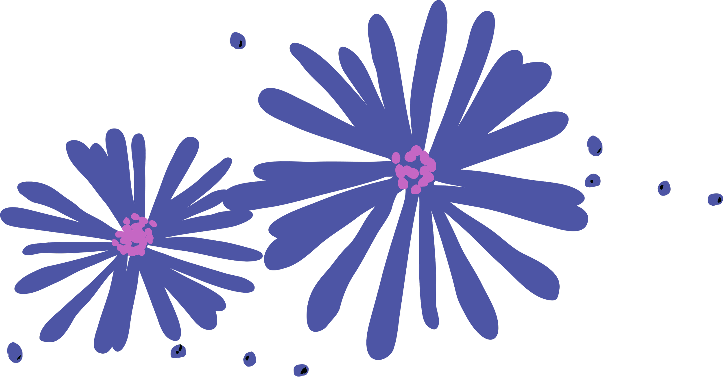 Illustration of two purple flowers with pink centres and scattered purple dots on black background.