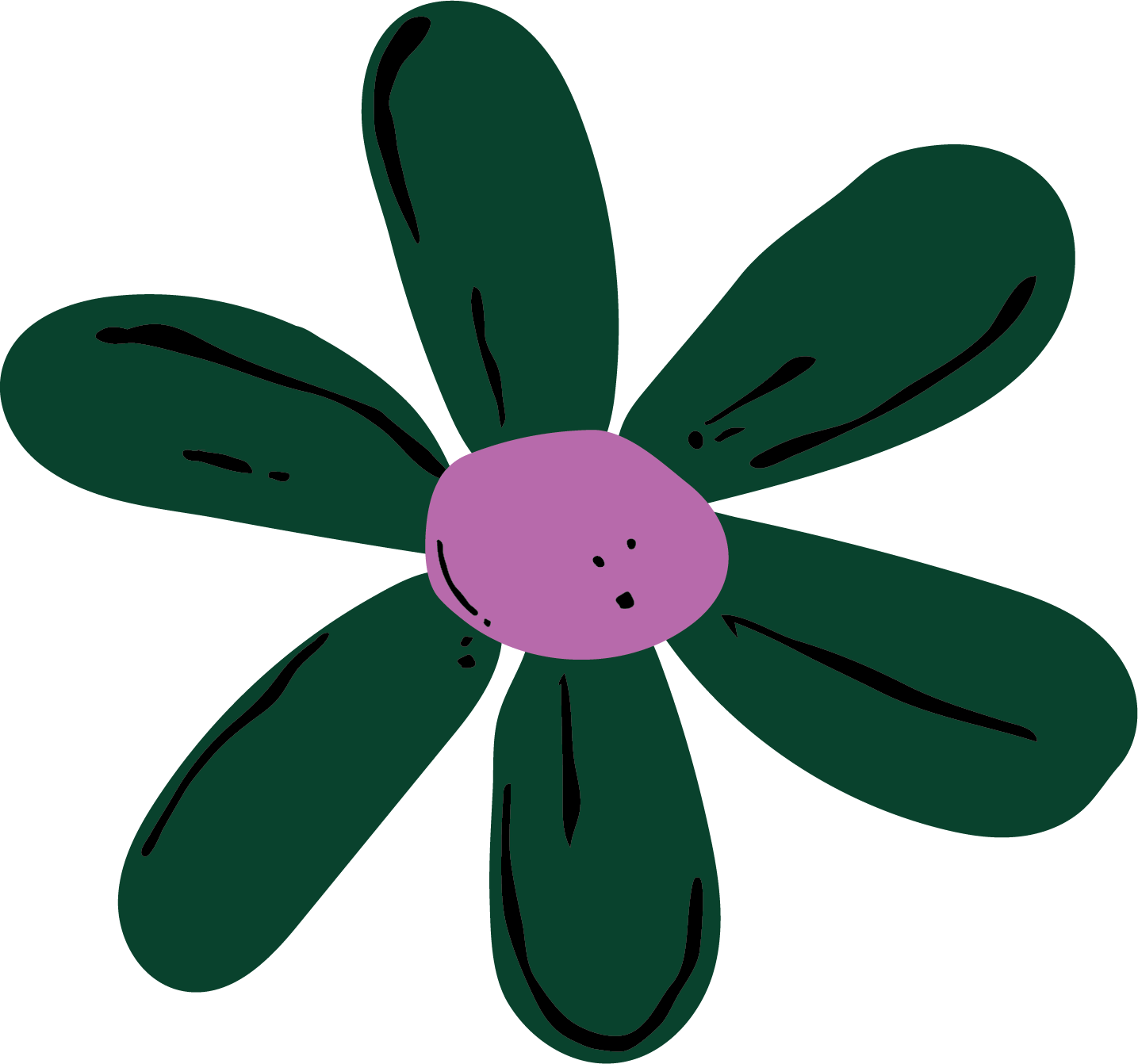 A simple digital illustration of a flower with six green petals and a pink centre.