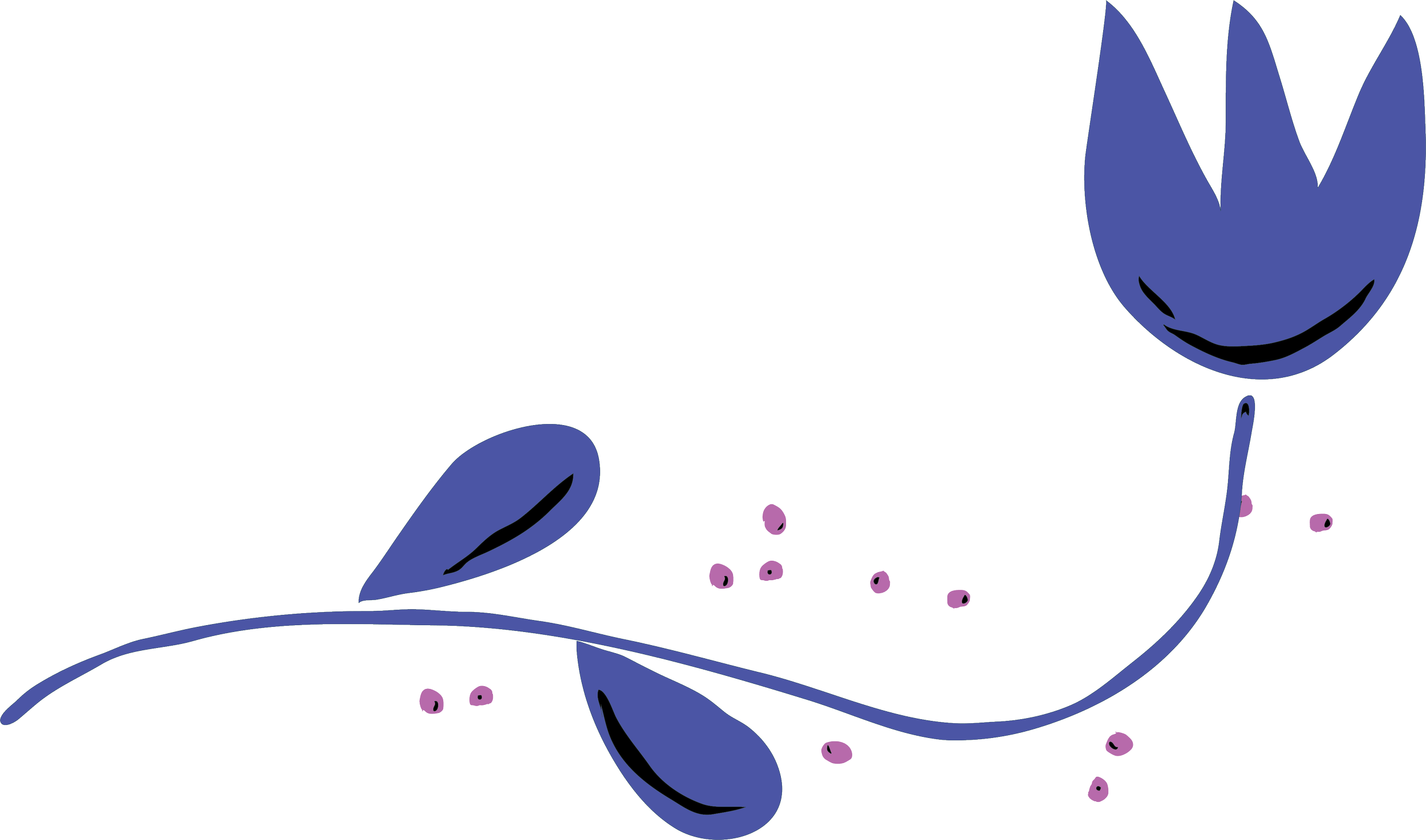 A minimalist illustration of a purple flower with three pointed petals, attached to a curved stem with two leaves. Small pink dots are scattered around the stem.